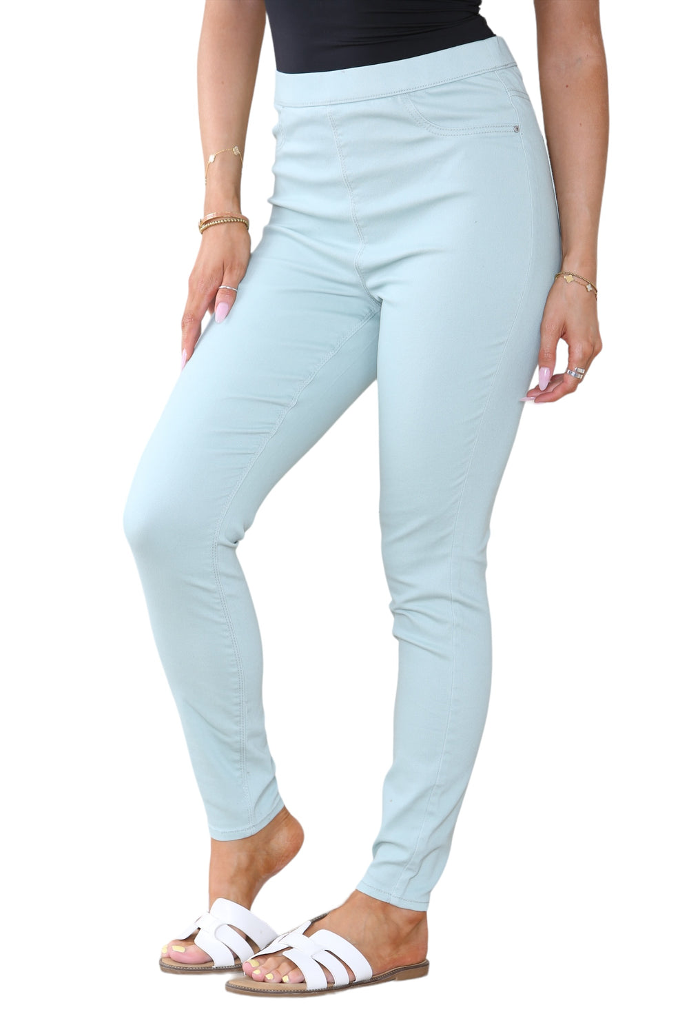 Women's Mocha, Pink, Light Mint, Navy High Waisted Skinny Fit Stretch Denim Jeggings with Elasticated Waist - Smart Casual Summer Fashion Trousers Leggings