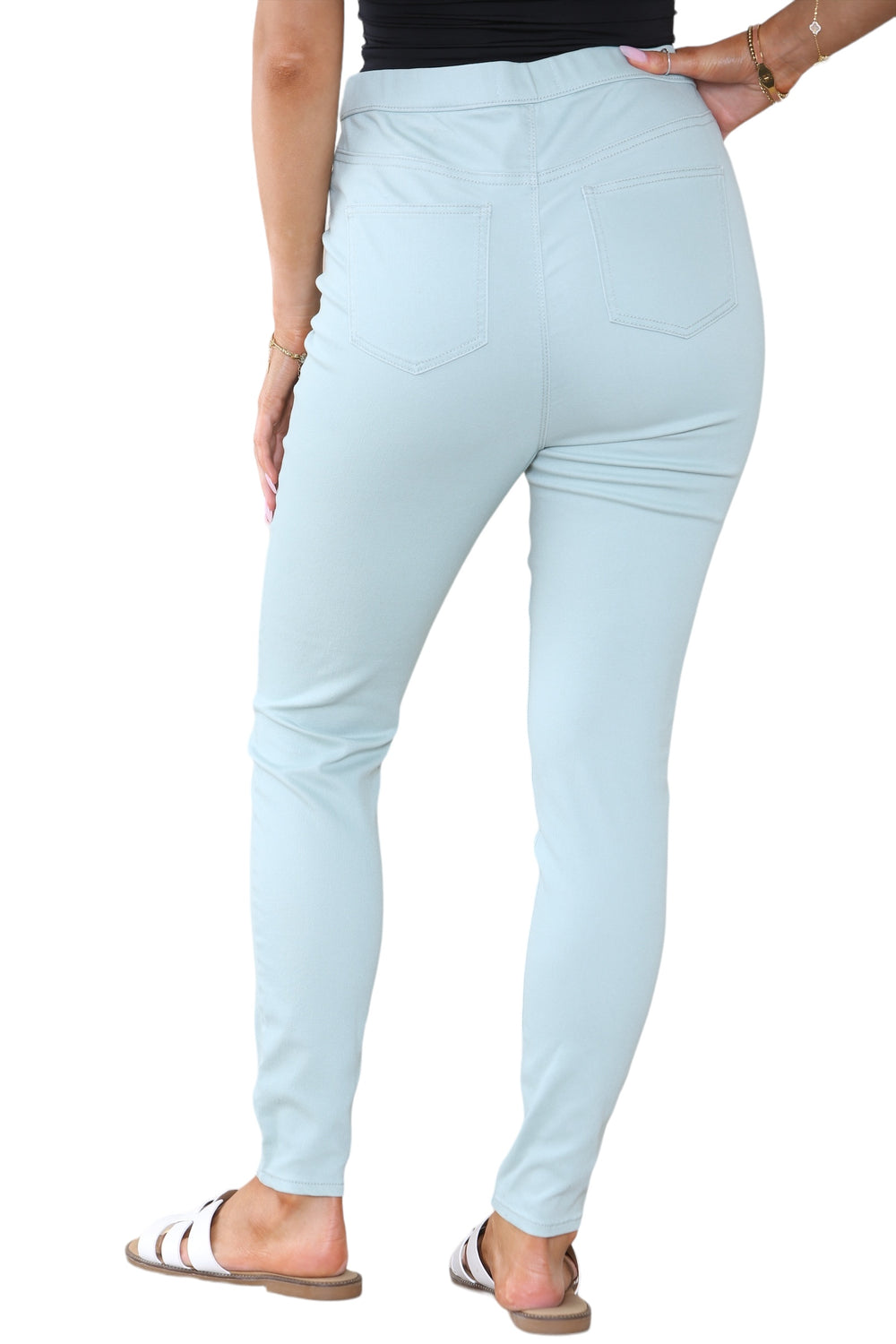 Women's Mocha, Pink, Light Mint, Navy High Waisted Skinny Fit Stretch Denim Jeggings with Elasticated Waist - Smart Casual Summer Fashion Trousers Leggings