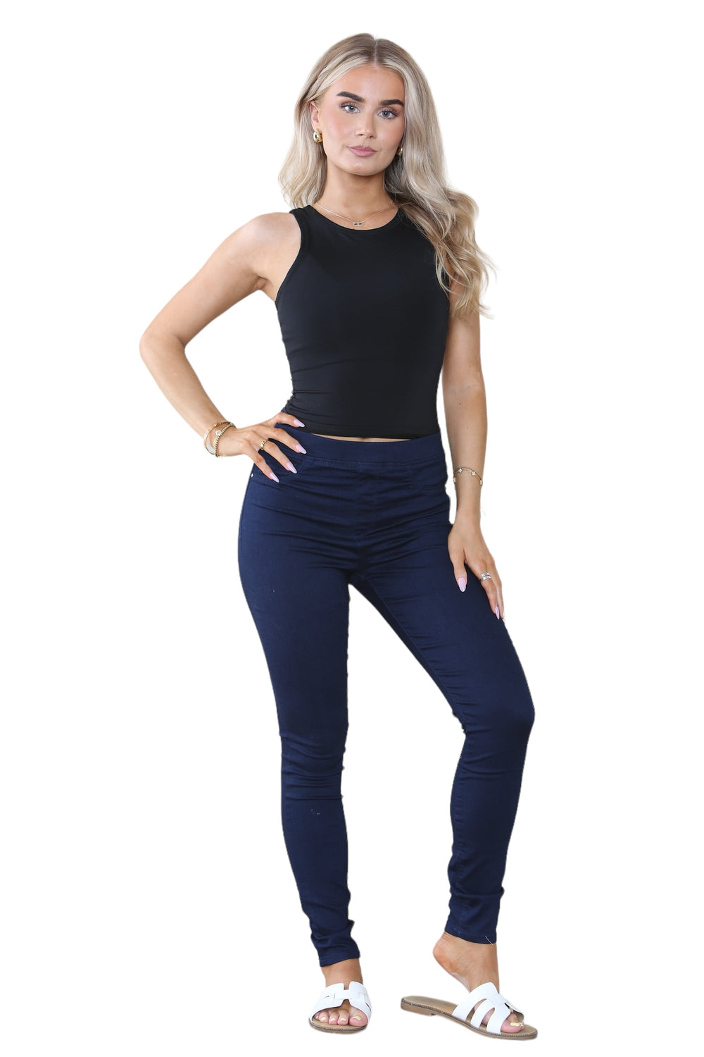 Women's Mocha, Pink, Light Mint, Navy High Waisted Skinny Fit Stretch Denim Jeggings with Elasticated Waist - Smart Casual Summer Fashion Trousers Leggings