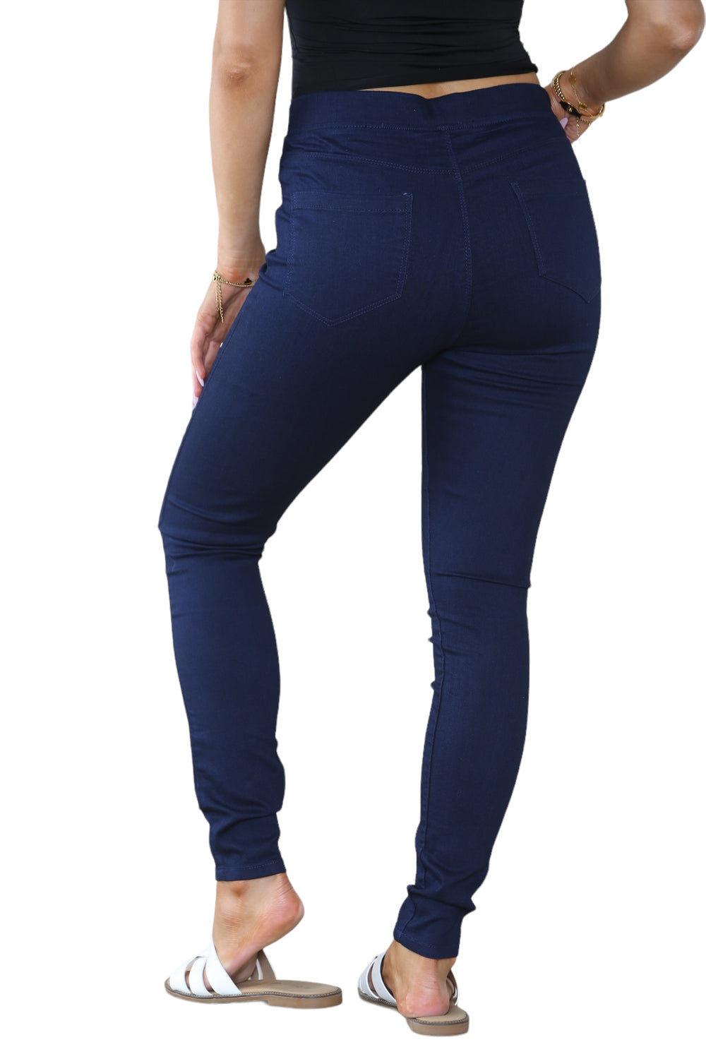 Women's Mocha, Pink, Light Mint, Navy High Waisted Skinny Fit Stretch Denim Jeggings with Elasticated Waist - Smart Casual Summer Fashion Trousers Leggings
