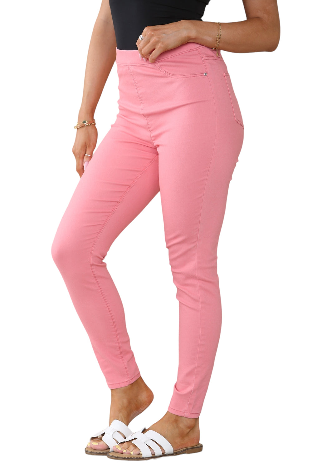 Women's Mocha, Pink, Light Mint, Navy High Waisted Skinny Fit Stretch Denim Jeggings with Elasticated Waist - Smart Casual Summer Fashion Trousers Leggings