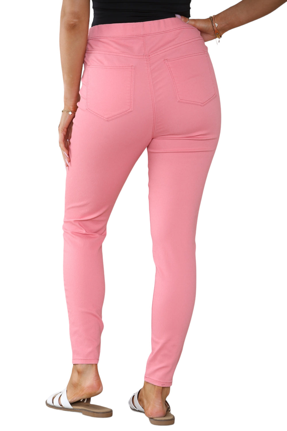 Women's Mocha, Pink, Light Mint, Navy High Waisted Skinny Fit Stretch Denim Jeggings with Elasticated Waist - Smart Casual Summer Fashion Trousers Leggings