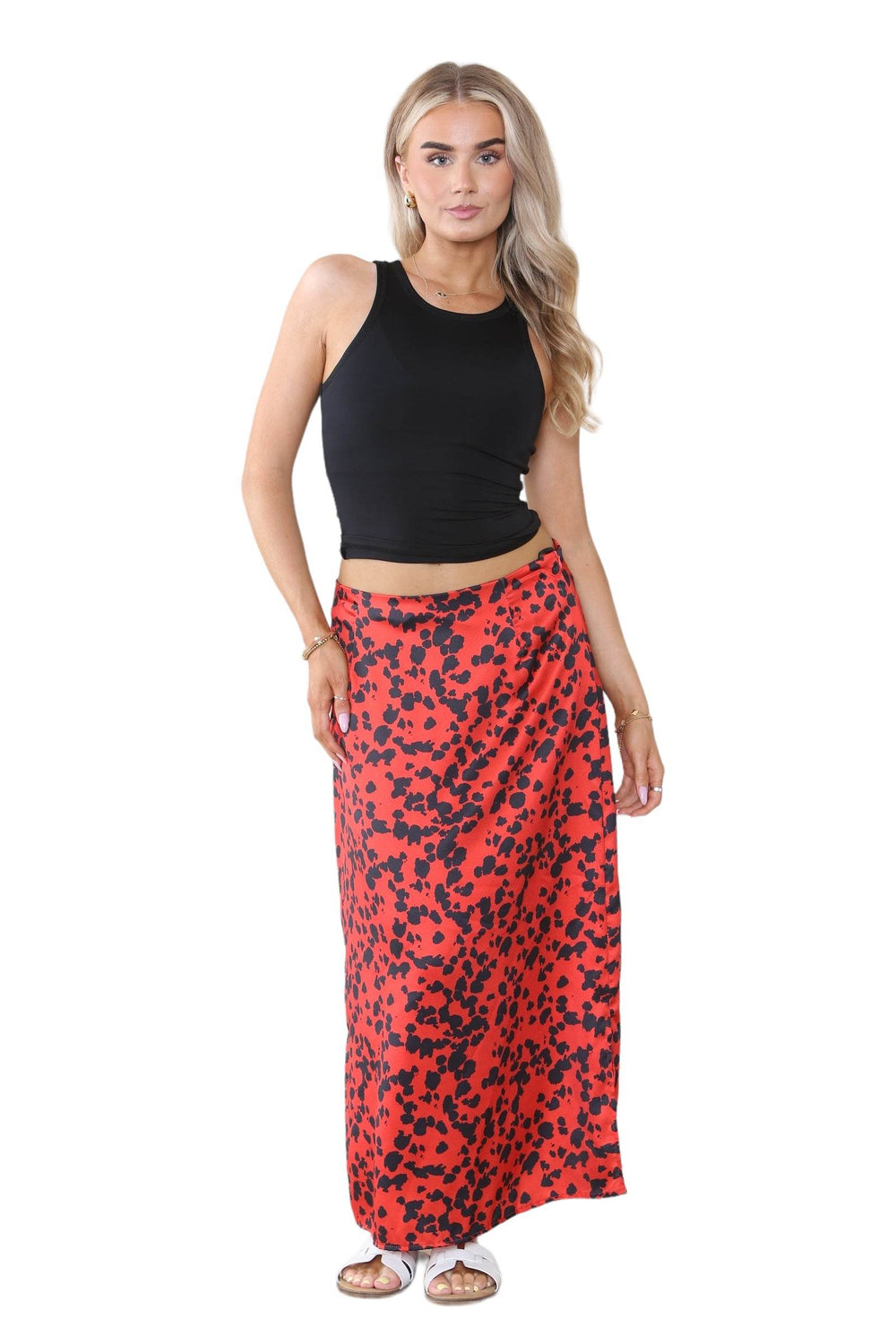 Women’s Brown & Red High Waist Maxi Draped Skirt Summer Long Flared A-Line Slit Wrap Midi Stretch Leopard Animal Print Elegant Summer Streetwear Beach Vacation Outfit - Elaina Fashion Main image