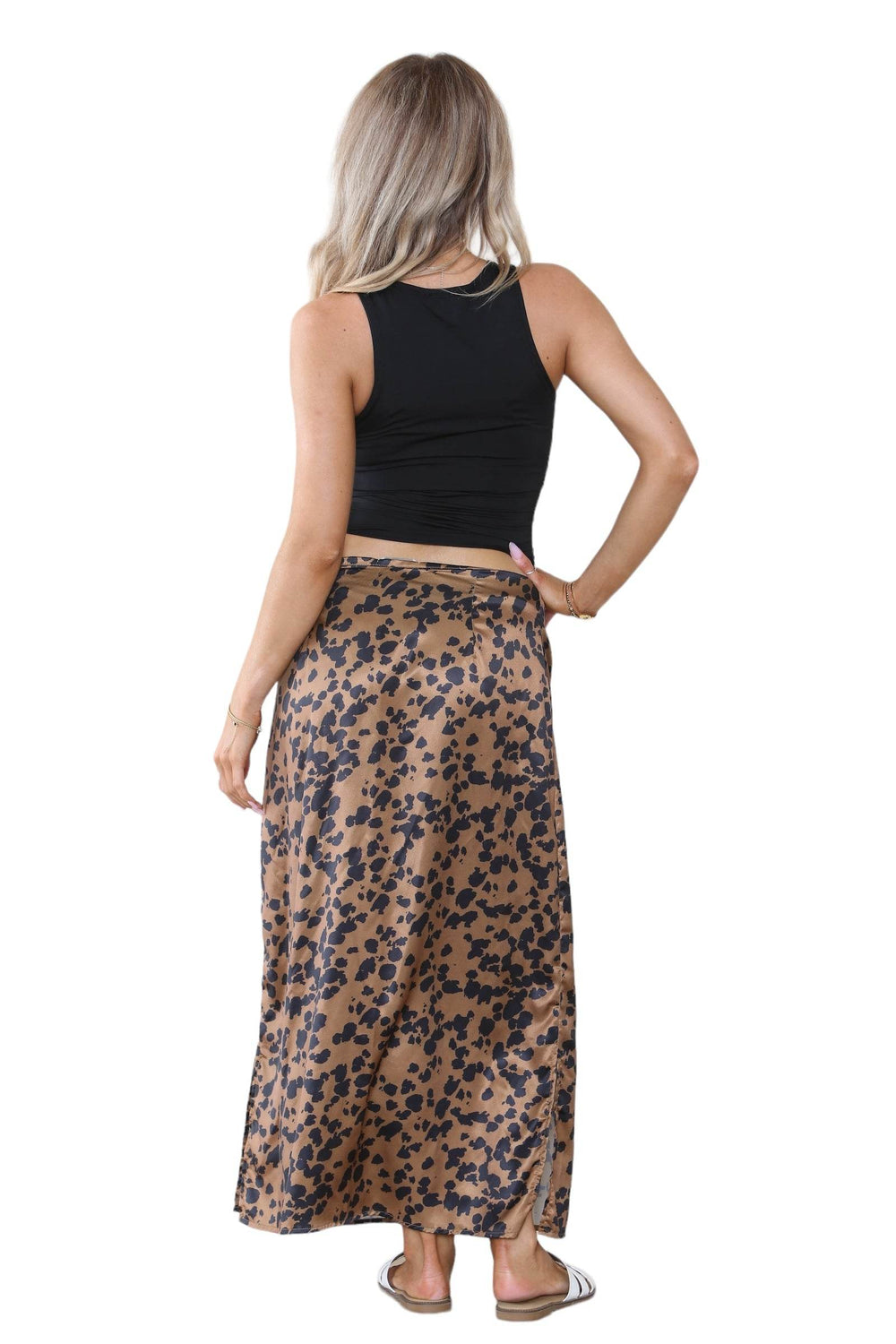 Women’s Brown & Red High Waist Maxi Draped Skirt Summer Long Flared A-Line Slit Wrap Midi Stretch Leopard Animal Print Elegant Summer Streetwear Beach Vacation Outfit - Elaina Fashion
