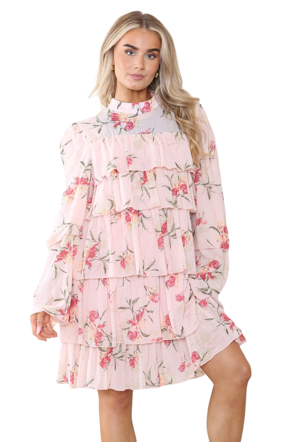 Women's Peach Pink Mock Neck Floral Flowy Ruffle Pleated Layered Mini Short Dress - Casual Elegant Double-Layered Puffed Bell Sleeve Swing Smocked Sundress for Holidays and Beach Main image