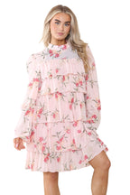 Women's Peach Pink Mock Neck Floral Flowy Ruffle Pleated Layered Mini Short Dress - Casual Elegant Double-Layered Puffed Bell Sleeve Swing Smocked Sundress for Holidays and Beach