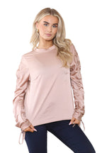 Women's Dusty Rose Gold Long Ruched Drawstring Sleeve Crew Round Neck Top Elegant Vintage Fashion Tunic Office Work Party Club Summer Loose Shirt Blouse - Elaina Fashion