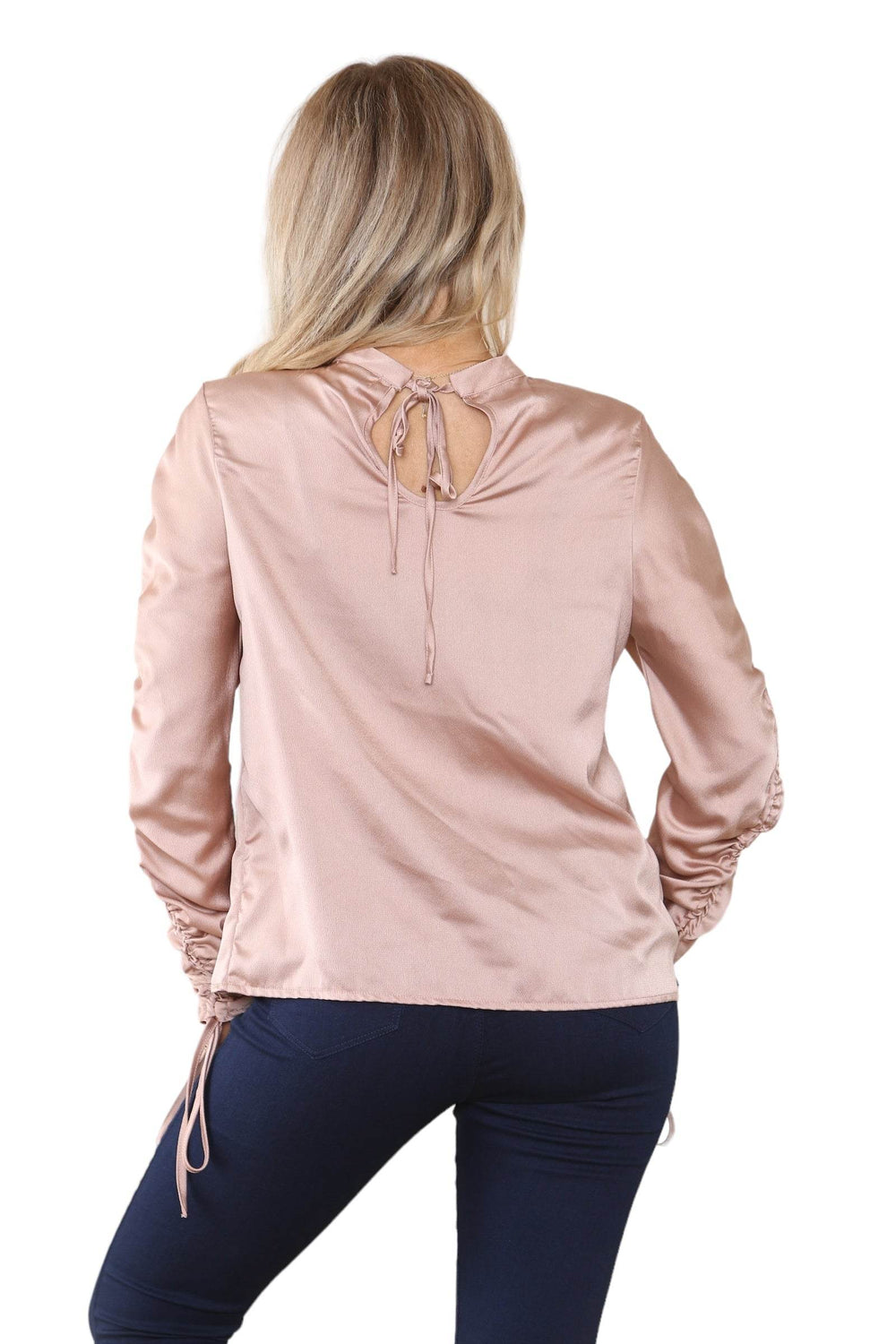 Women's Dusty Rose Gold Long Ruched Drawstring Sleeve Crew Round Neck Top Stylish Vintage Fashion Tunic Office Work Party Club Summer Loose Shirt Blouse Secondary image