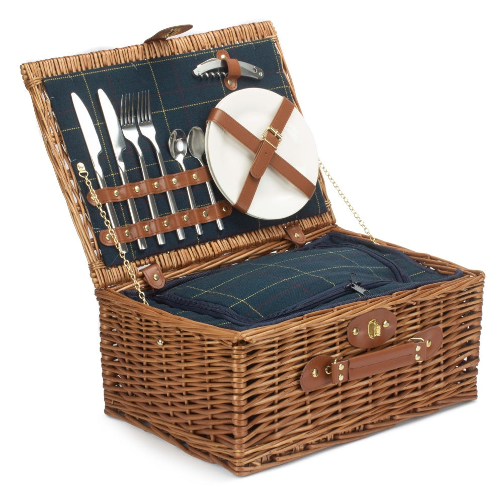 Blue Tweed Fitted Wicker Picnic Basket Main image