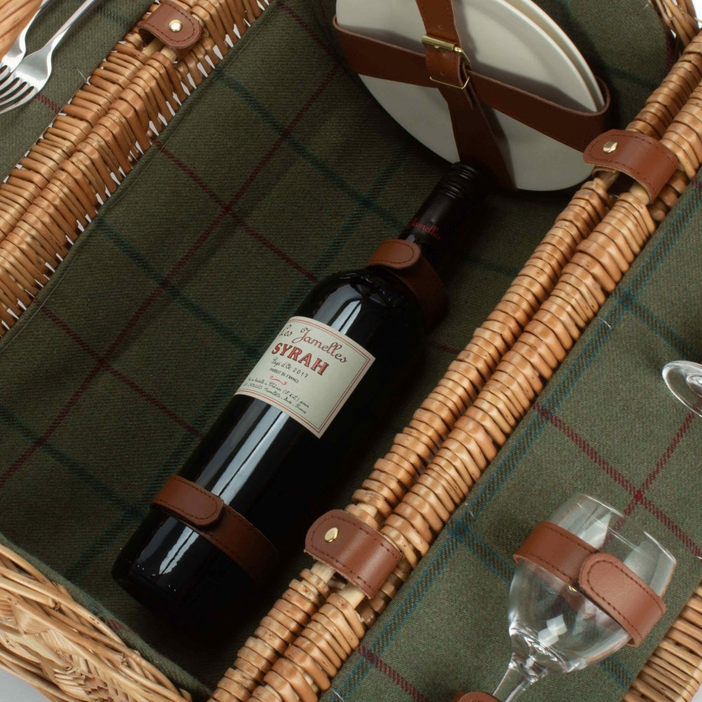 2 Person Green Tweed Barrel Wicker Picnic Basket
