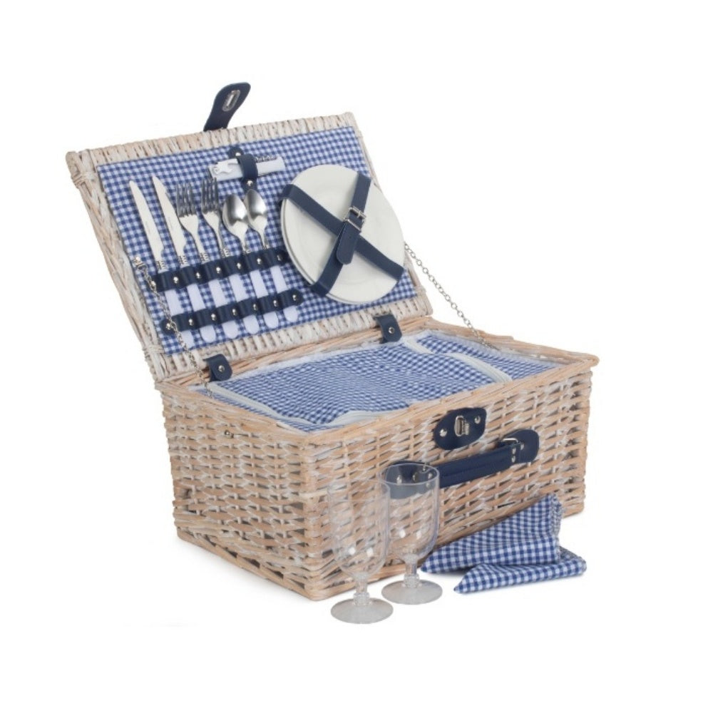 Blue and White Gingham 2 Person Fitted Wicker Picnic Basket Main image