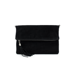 Italian Designer Foldover Plain Suede Leather Clutch Eleganza- Black
