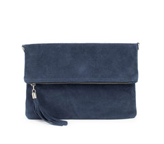 Italian Designer Foldover Plain Suede Leather Clutch-Eleganza Navy