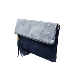 Italian Designer Foldover Sparkly Suede Leather Clutch- Swolit Eva- Navy