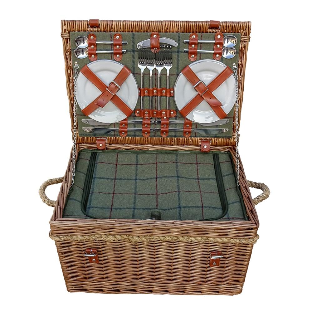 Burghley 4 Person Green Tweed Fitted Wicker Picnic Basket Main image