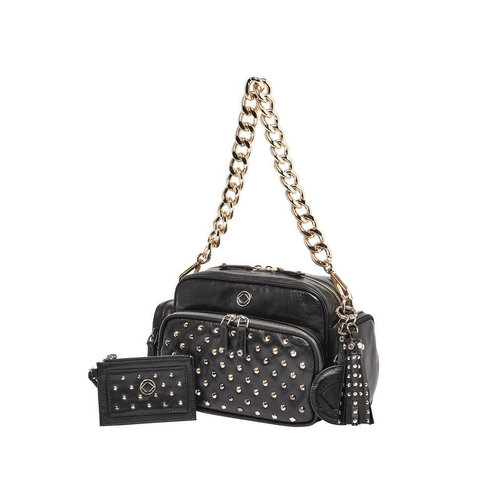 greta black studded crossover bag accessorised with gretchen gold chain strap