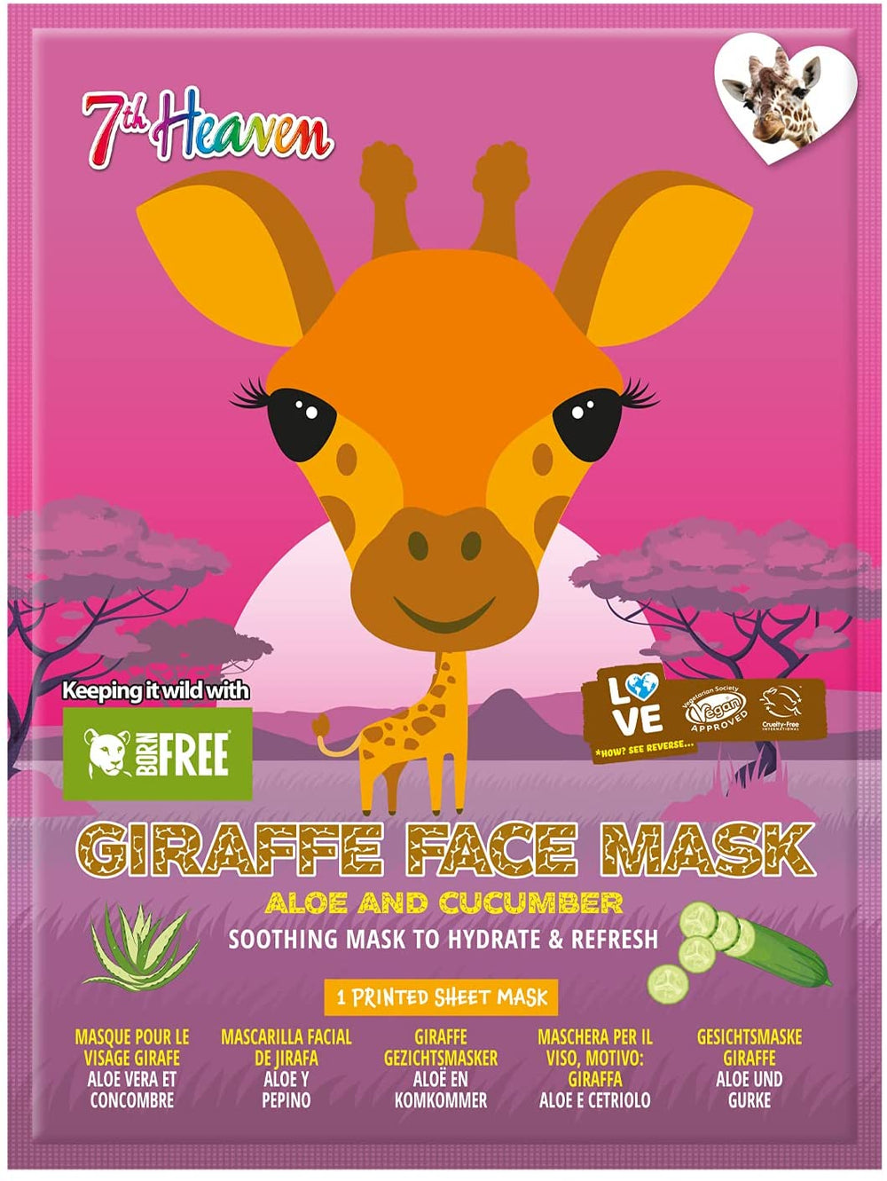 7th Heaven Born Free Giraffe Sheet Face Mask Multipack (Pack of 4) with Cucumber and Aloe Vera to Soothe, Hydrate and Refresh Skin - Ideal for All Skin Types, Fun for Parties and Selfies (Ages 8+)