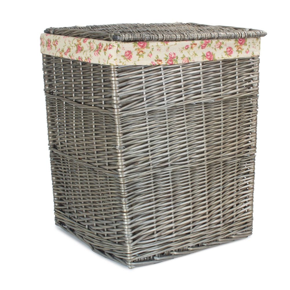 Antique Wash Square Garden Rose Cotton Lined Laundry Basket