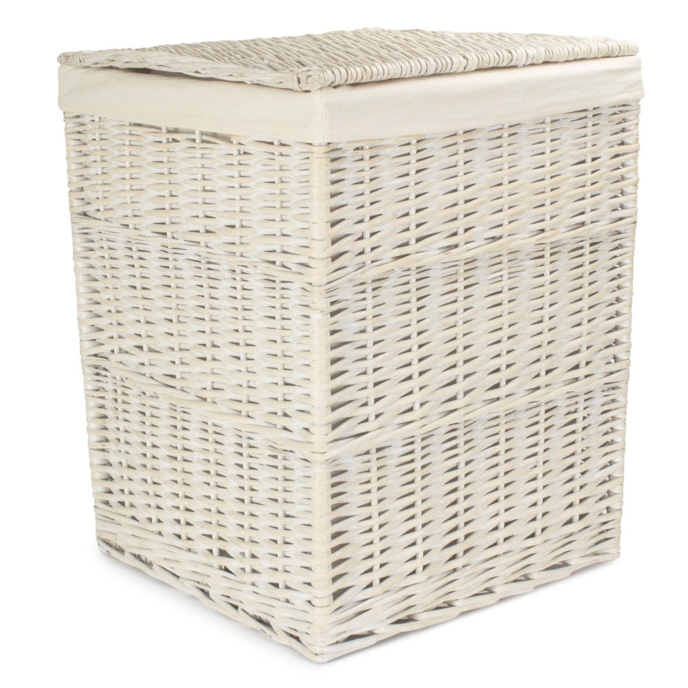 Square White Wash Wicker Laundry Basket