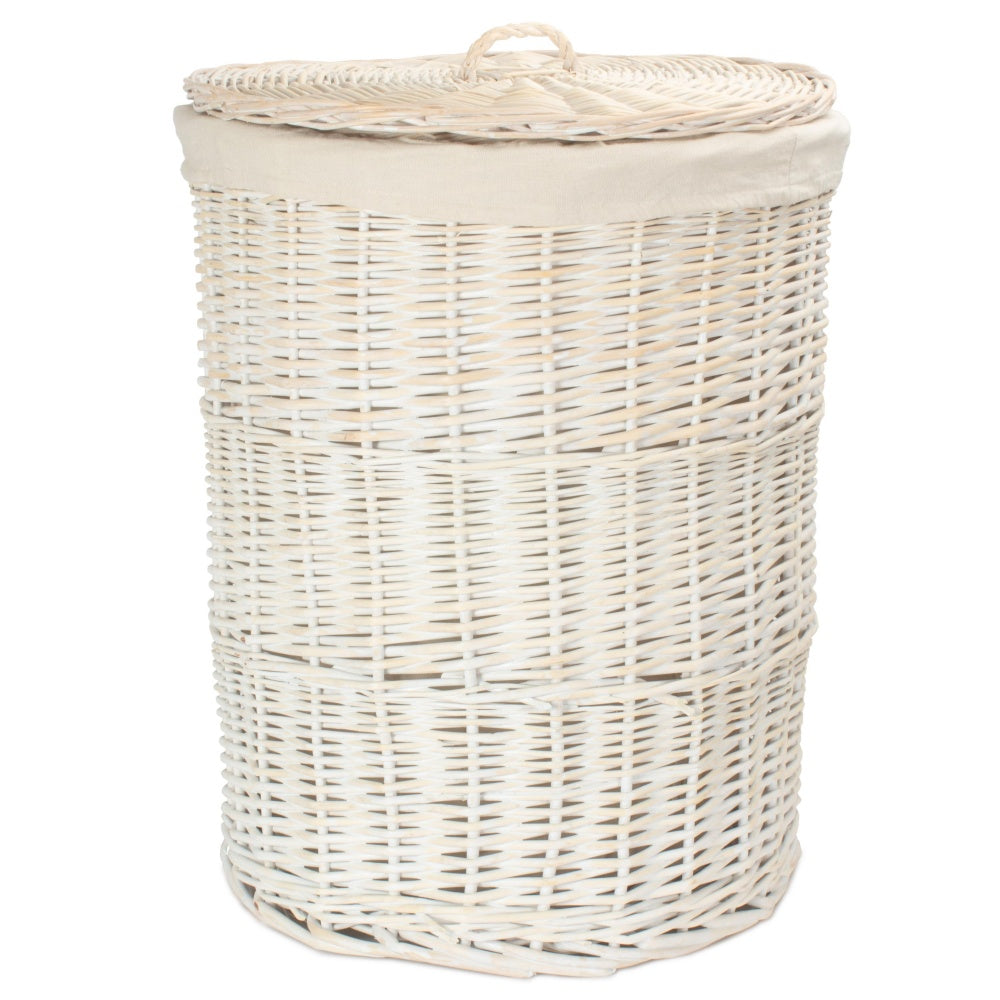 White Wash Round White Cotton Lined Laundry Basket