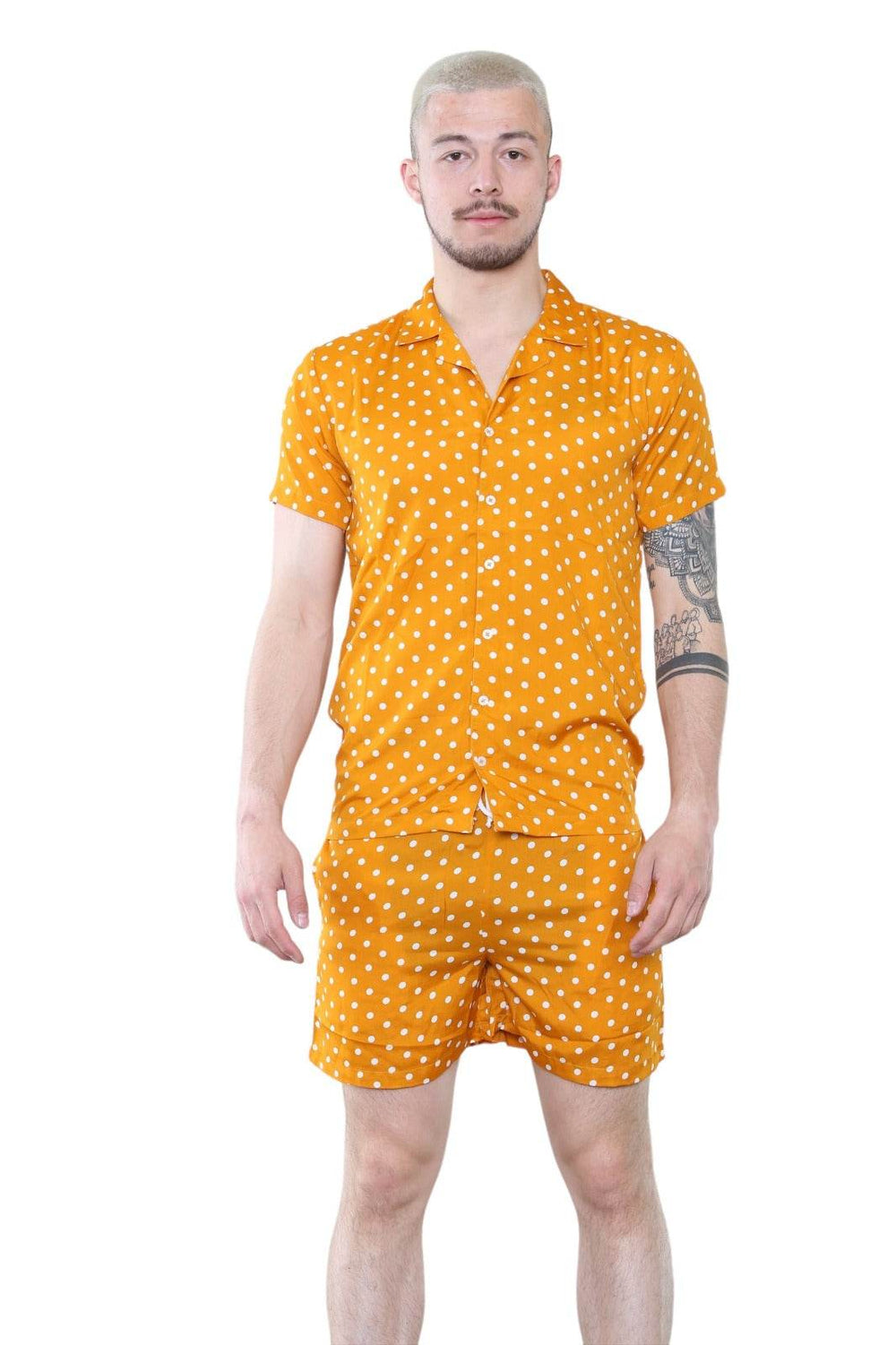 Men's Mustard Polka Dot Shirt and Shorts Set – Retro Summer Co-Ord Outfit Main image
