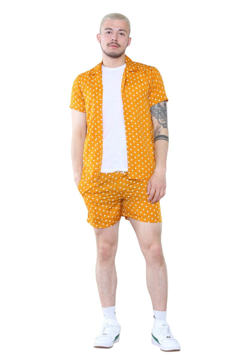 Men's Mustard Polka Dot Shirt and Shorts Set – Retro Summer Co-Ord Outfit