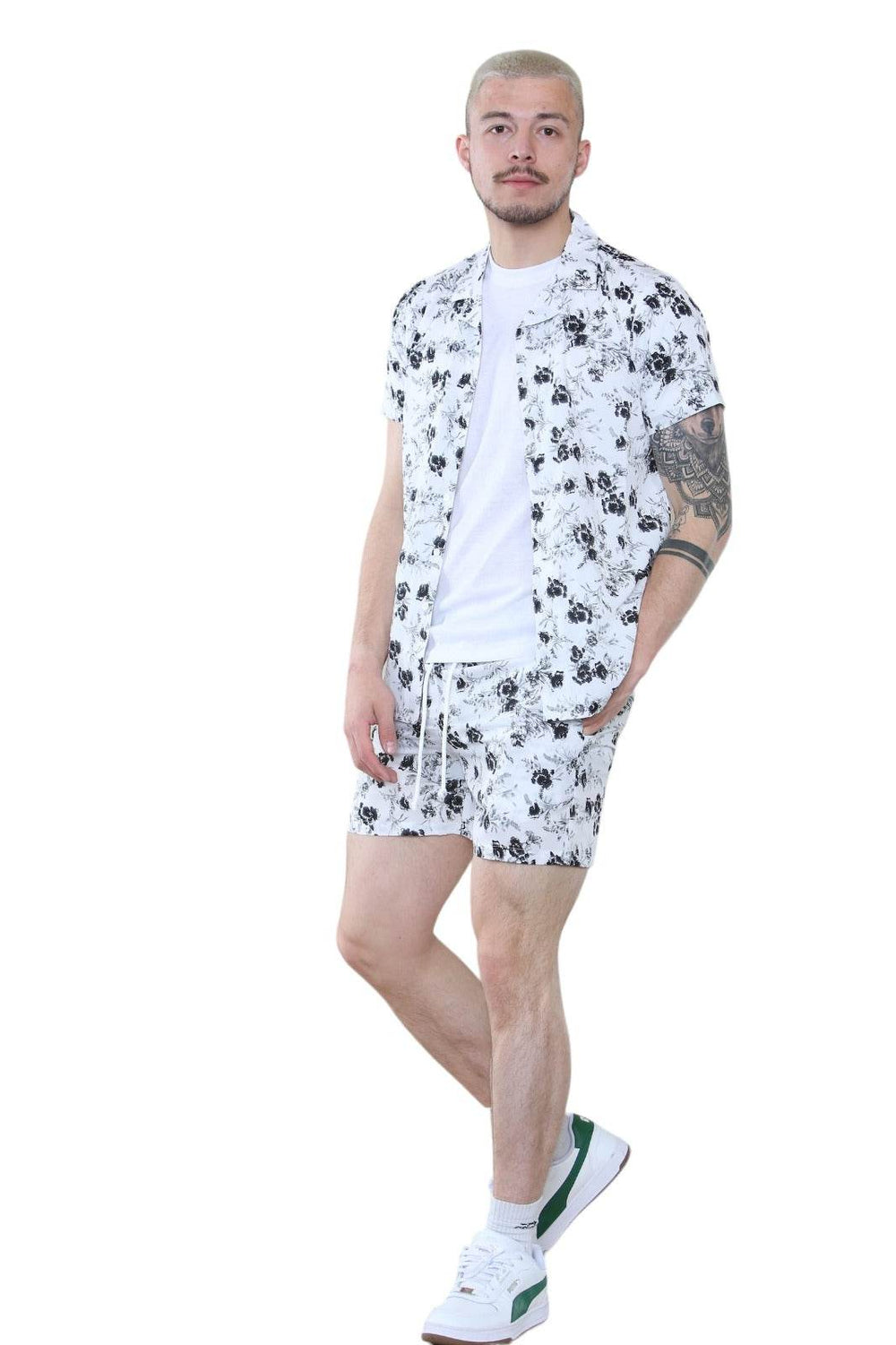 Men's Black and White Floral Summer Co-Ord Set - Shirt and Shorts Secondary image