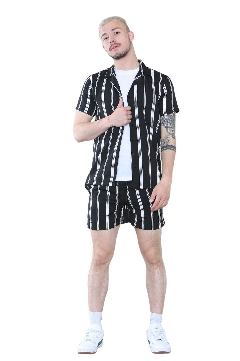 Men's Black Striped Shirt and Shorts Set – Casual Summer Co-Ord Outfit