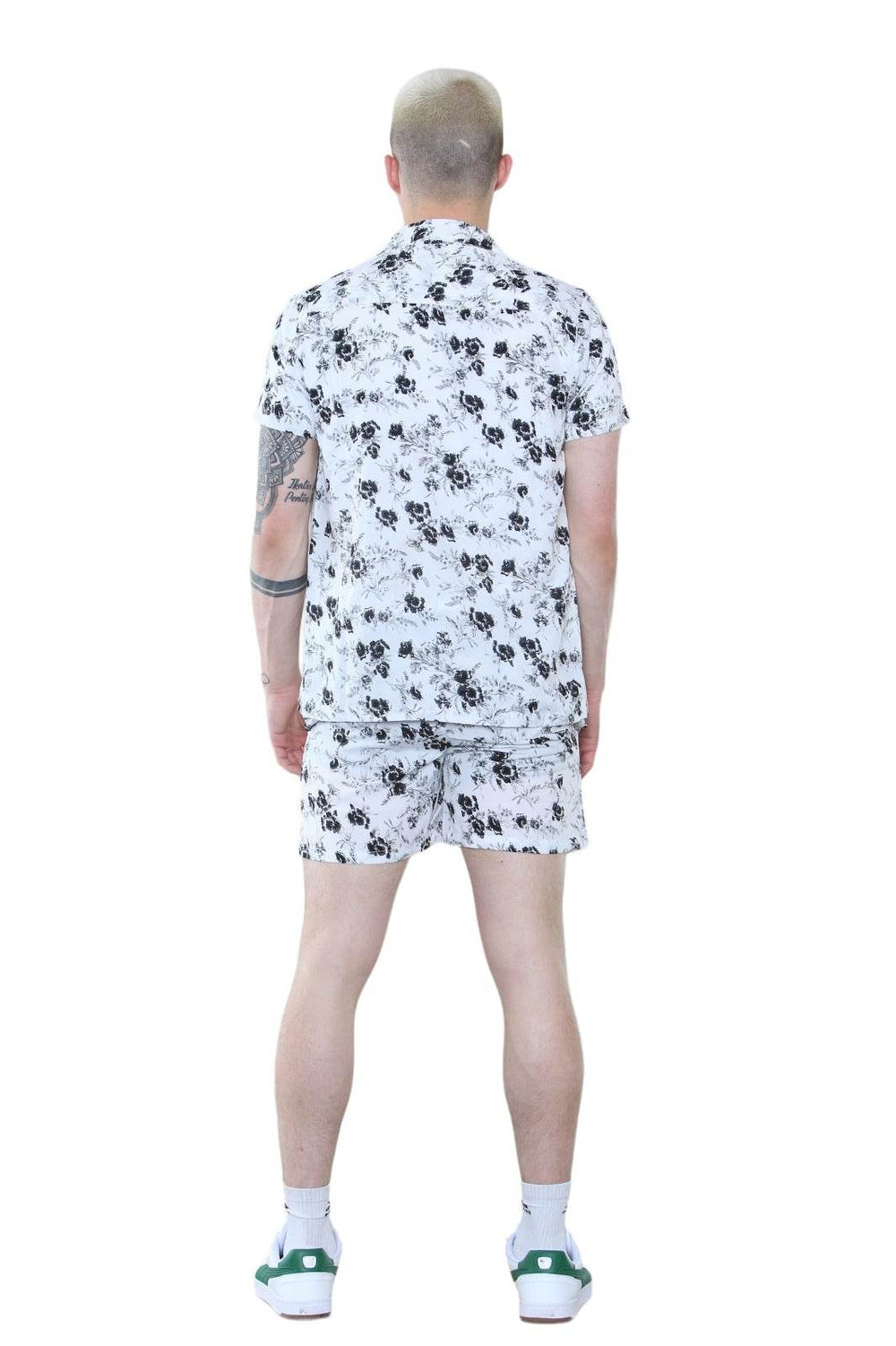 Men's Black and White Floral Summer Co-Ord Set - Shirt and Shorts
