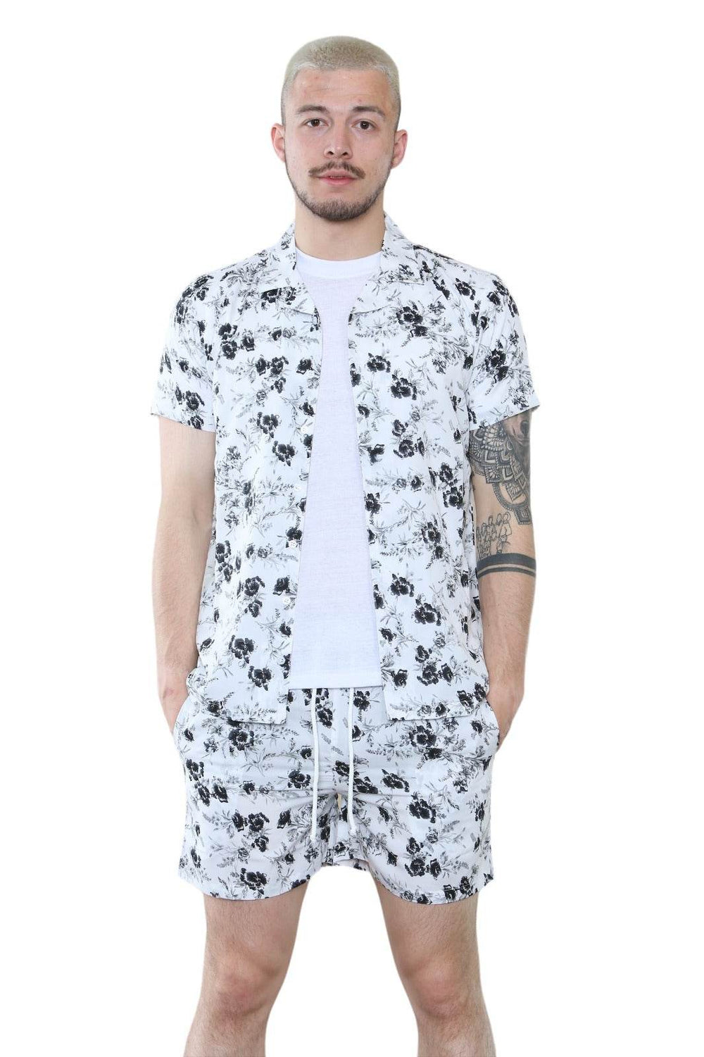 Men's Black and White Floral Summer Co-Ord Set - Shirt and Shorts Main image