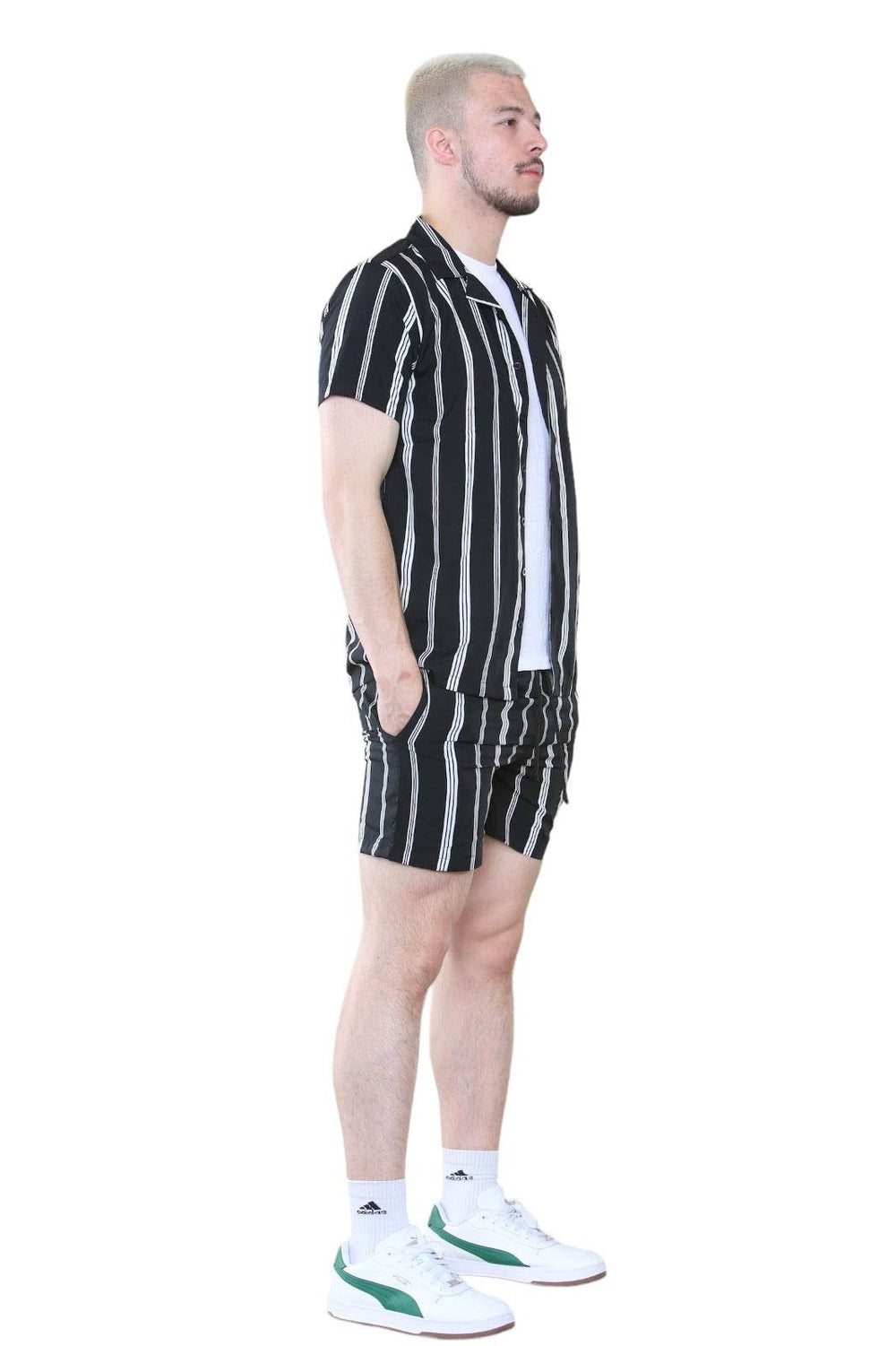 Men's Black Striped Shirt and Shorts Set – Casual Summer Co-Ord Outfit