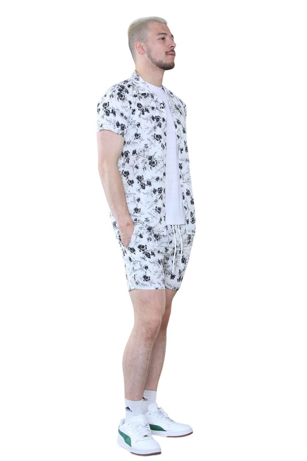 Men's Black and White Floral Summer Co-Ord Set - Shirt and Shorts