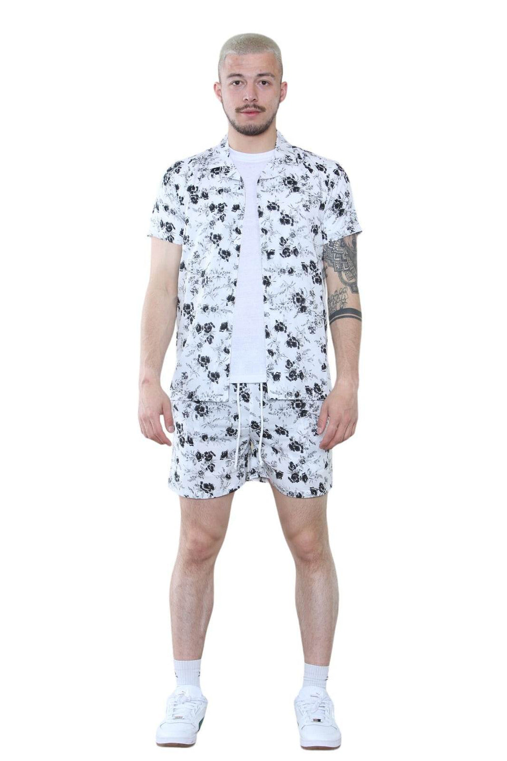 Men's Black and White Floral Summer Co-Ord Set - Shirt and Shorts
