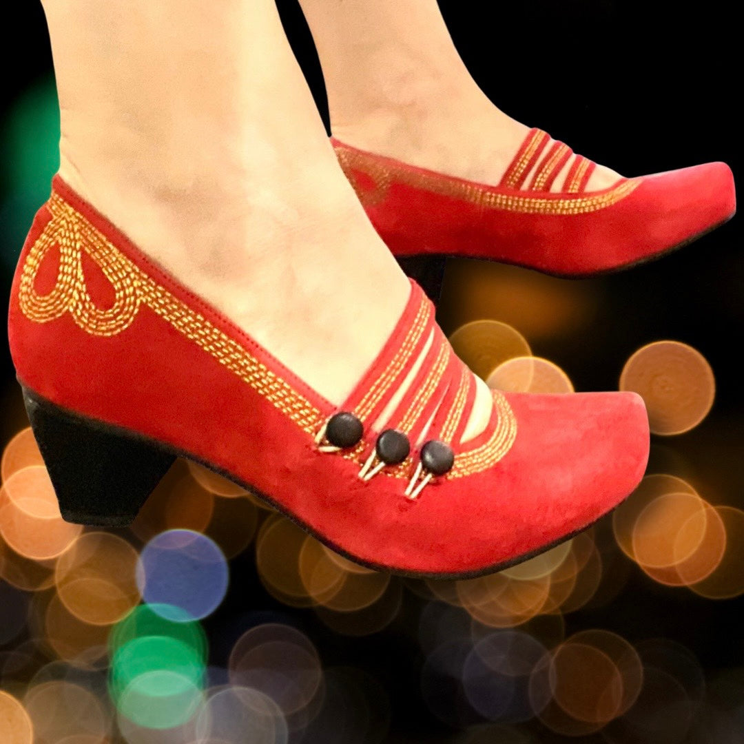 Lichido - Red/Gold Low heel cork shoe - British D'sire