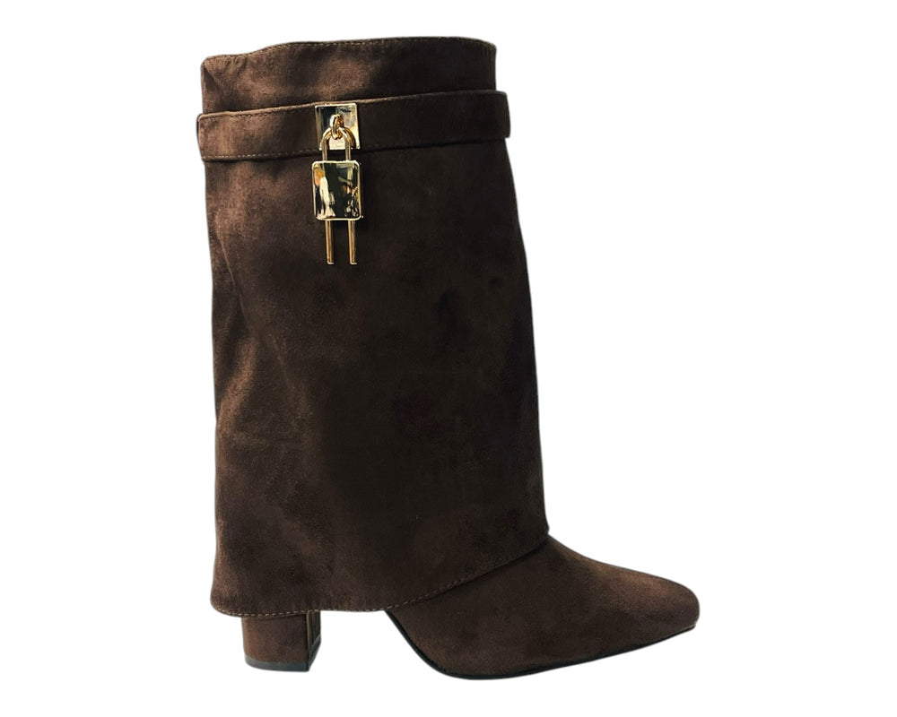 Faux Suede Fold Over Padlock Ankle Boots