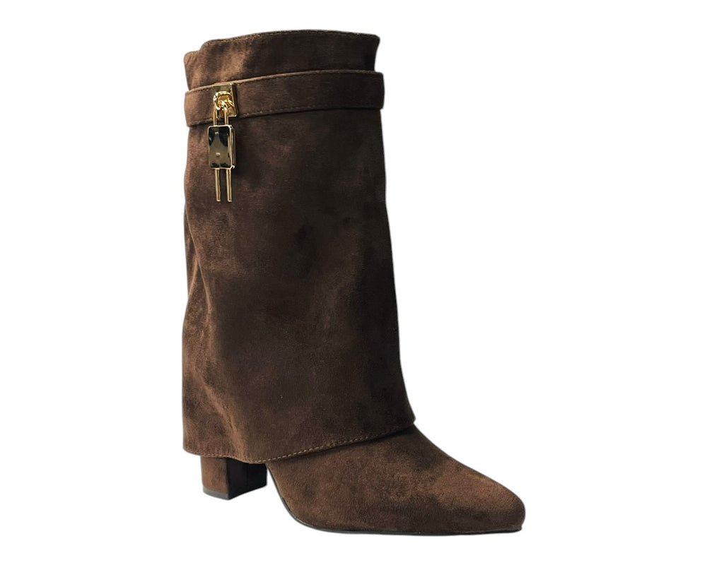 Faux Suede Fold Over Padlock Ankle Boots