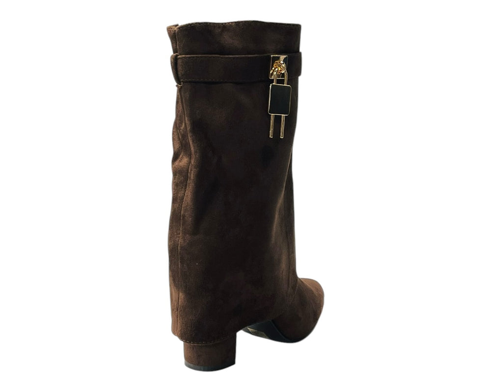 Faux Suede Fold Over Padlock Ankle Boots