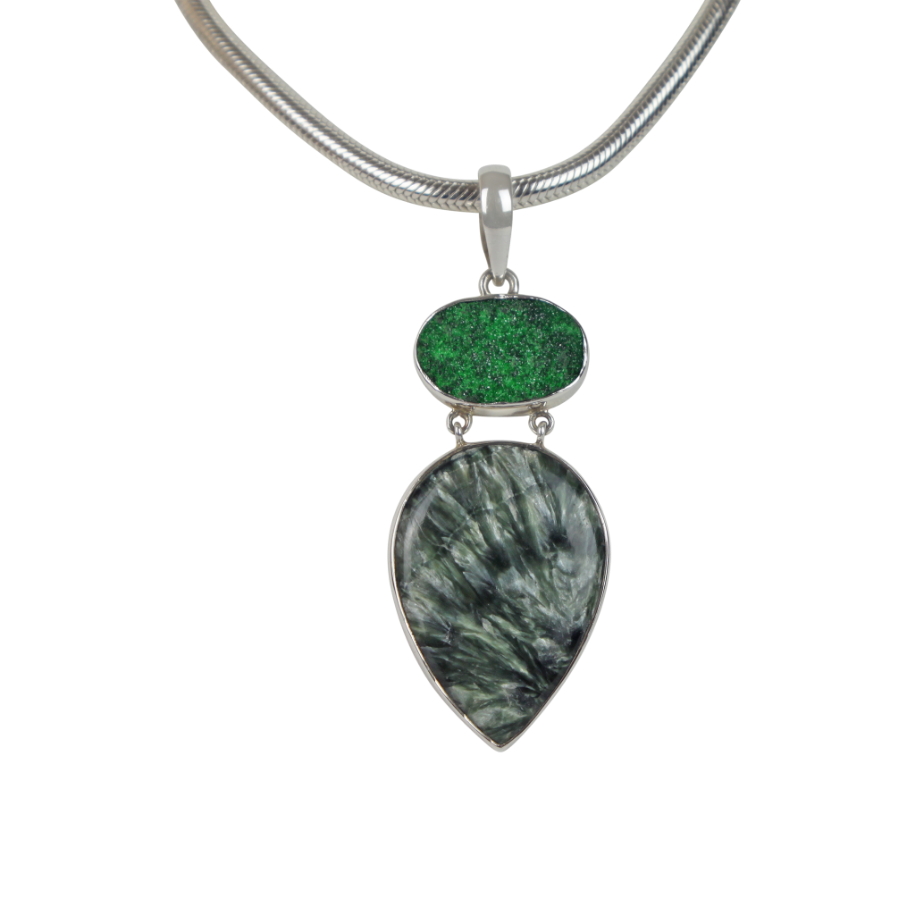 Sterling Silver Pedant with a Very Beautiful Seraphinite Pendant Accent With a Sparkling Uvarovite