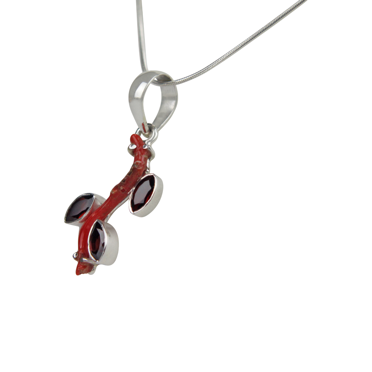 Red Coral Branch Pendant Accent with Faceted Multi-Garnet Stones