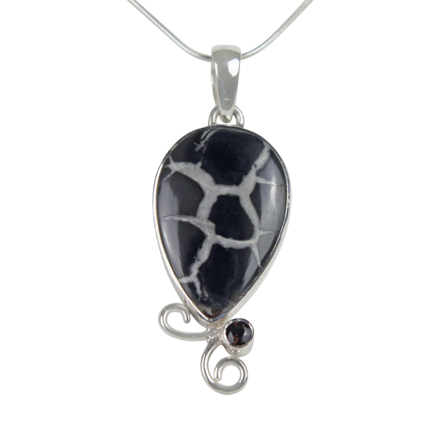 Teardrop shaped Septarian Gronate Pendant Accents with a Smoky Quartz on Silver Work Main image
