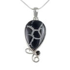 Teardrop shaped Septarian Gronate Pendant Accents with a Smoky Quartz on Silver Work