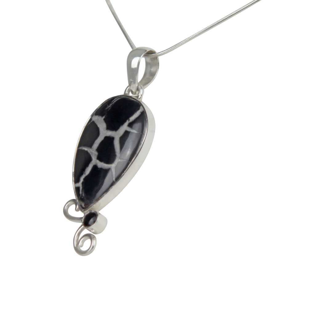 Teardrop shaped Septarian Gronate Pendant Accents with a Smoky Quartz on Silver Work Secondary image
