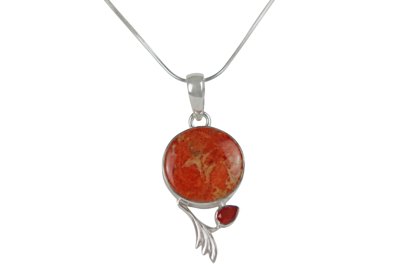 This beautiful orange colour round Sponge Coral pendant is set in an open back bazel. Main image