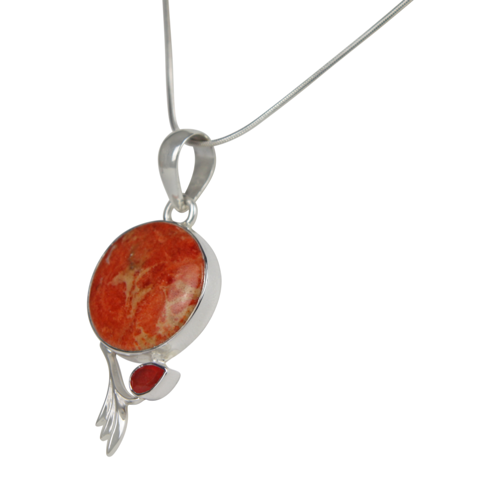 This beautiful orange colour round Sponge Coral pendant is set in an open back bazel.