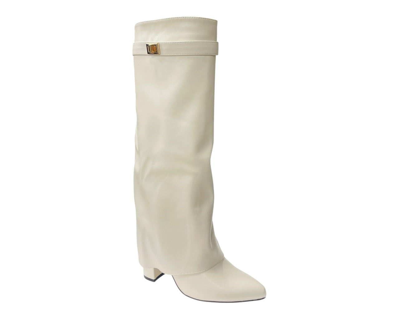 Knee High Faux Leather Fold Over Block Heel Boots