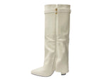 Knee High Faux Leather Fold Over Block Heel Boots