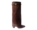 Knee High Faux Leather Fold Over Block Heel Boots
