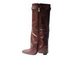 Knee High Faux Leather Fold Over Block Heel Boots