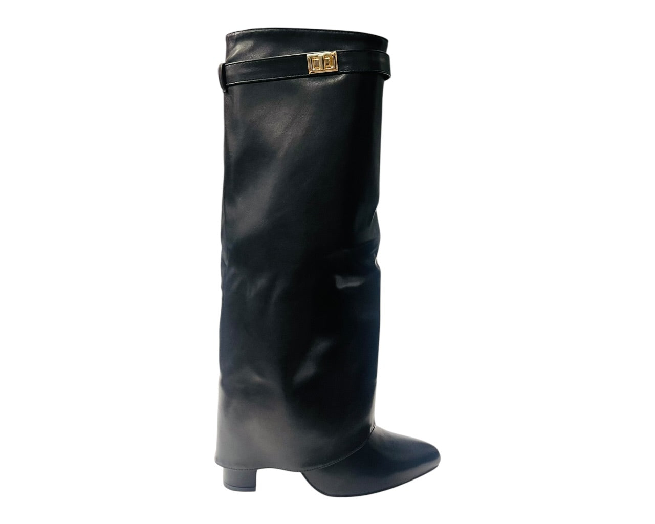 Knee High Faux Leather Fold Over Block Heel Boots