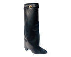 Knee High Faux Leather Fold Over Block Heel Boots